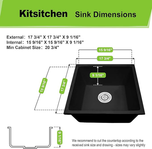 Black Undermount Kitchen Sink, Granite Composite Kitchen Sink with Drain Assembly & Bottom Gird,18 Inch Quartz Stone Kitchen Sink,Small Kitchen Sinks used at Bar,Outdoor and WetBar (Black, 18"x18")