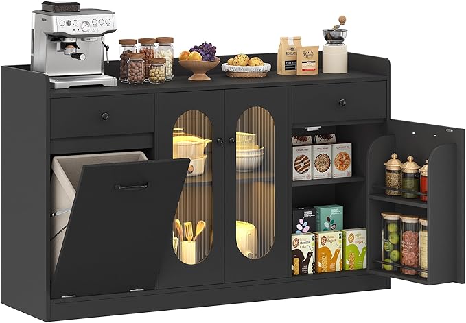 54" Farmhouse Sideboard Buffet Cabinet, Modern Credenza with LED Lights & Glass Doors, Black Credenza Storage & Kitchen Buffet with Countertop, 4 Doors 2 Shelves