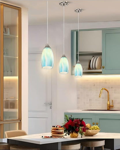 karyfine Mini Art Glass Pendant Lights Kitchen Island,Handcrafted Teal with Gold Glass Ceiling Pendant Lighting Brushed Nickel Adjustable Cord Hanging Lamp Cover for Coffe Bar,Dining Room 3pack