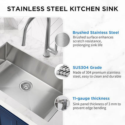 SANYCASA 33 Inch Undermount Kitchen Sink with Quiet Drain, Bottom Grid - 11 Gauge Stainless Steel Single Bowl