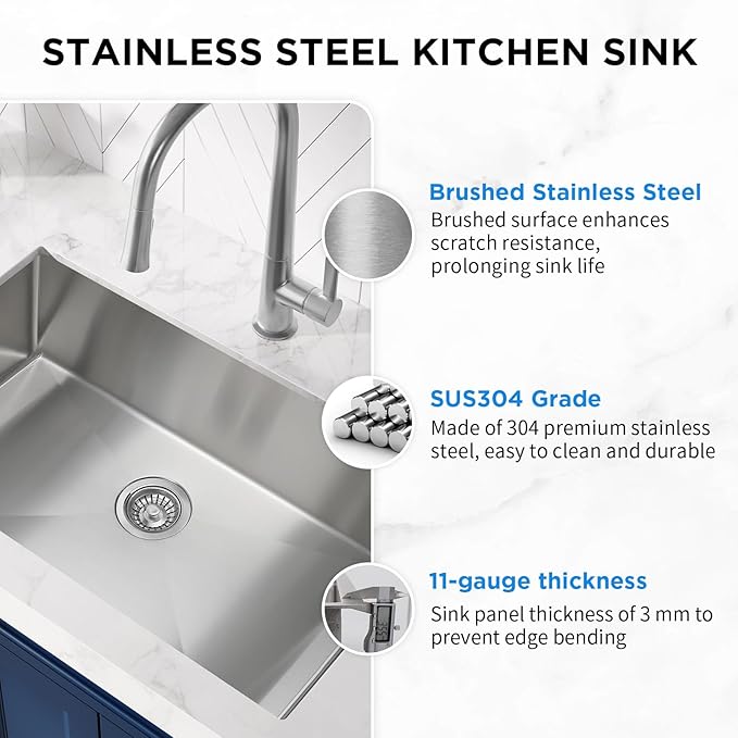 SANYCASA 28 x 18 Inch Undermount Kitchen Sink with Quiet Drain, Bottom Grid - 11 Gauge Stainless Steel Single Bowl