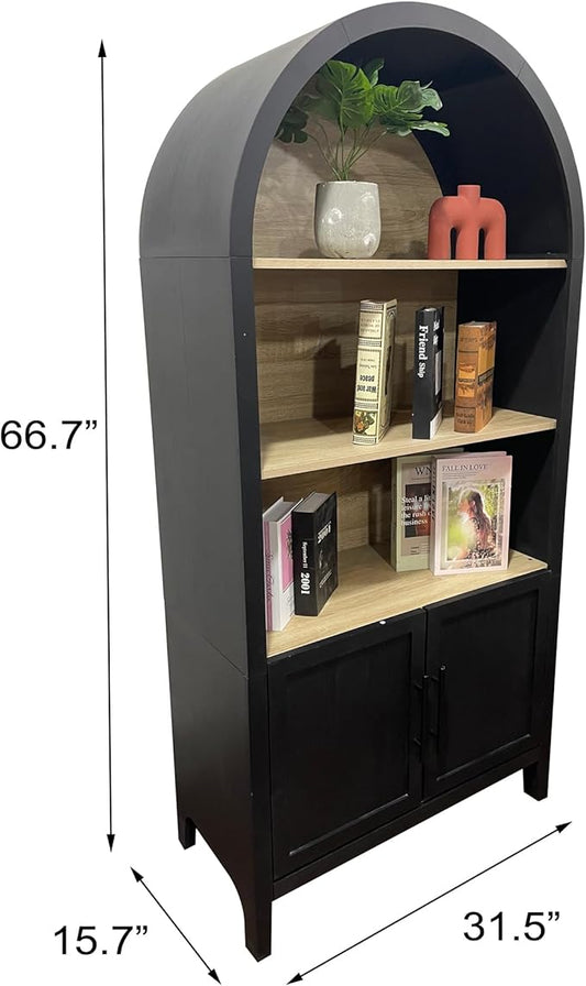 Ball & Cast 67" Tall Arched Storage Cabinet, Modern 3-Tier Wooden Kitchen Pantry Cabinet with Doors & Open Shelves,Versatile Bookcase Display Cabinet for Living Room,Office,Dining Room,Black