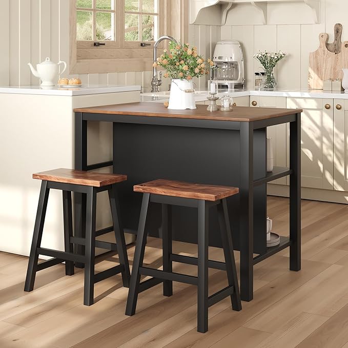Solid Wood Rustic 3-Piece 45" Kitchen Island Set with 2 Seatings, Butcher Block Dining Table with 2 Stools Prep Table Set with 2 Open Shelves Dining Room Table Set for Bar, Living Room, Walnut+Black