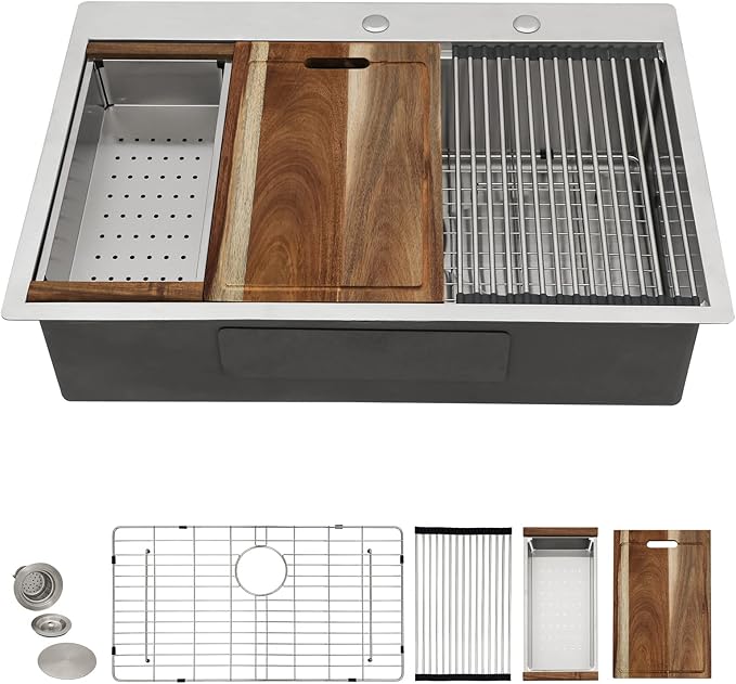 33"x22" Drop In Kitchen Sink Ledge Workstation – 16 Gauge 304 Stainless Steel Above Counter Deep Single Bowl Top Mount Sink Basin