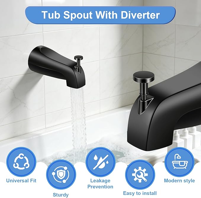 Universal Tub Spout with Diverter, Fits 1/2" Slip on Copper Pipe and 1/2" IPS & 3/4" IPS Threaded, Bathroom Tub Faucet Replacement, Bathtub Spout with Adapter and Hex Wrench (Matte Black)