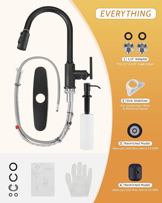 WOWOW Kitchen Faucets with Sprayer, Oil Rubbed Bronze Rv Kitchen Faucet, Single-Handle Camper Outdoor Sink laundry faucets for Utility 4 Hole Kitchen Faucet for Sink Faucet Kitchen with Soap Dispenser