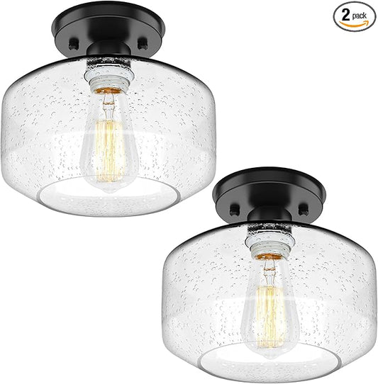 TOBUSA 2-Pack Industrial Semi Flush Mount Ceiling Light, Black Light Fixture Ceiling Mount with Seeded Glass Shade, Farmhouse Hallway Light Fixtures Ceiling for Living Room, Bedroom, No E26 Bulbs
