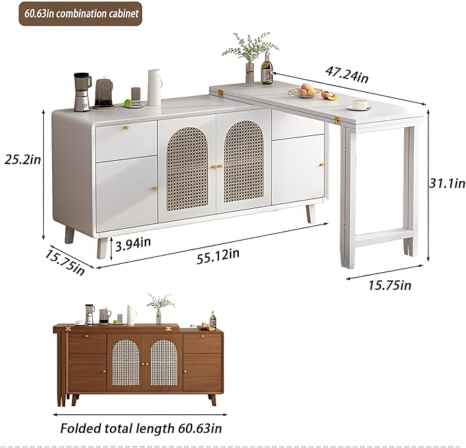 60.68in Multifunctional Folding Buffet Table, Modern Bar Cabinet with Swivel Table, Extendable Dining Table, Double Storage Cabinet for Kitchen, Living Room, Small Space - Walnut/White(White,60.63in)