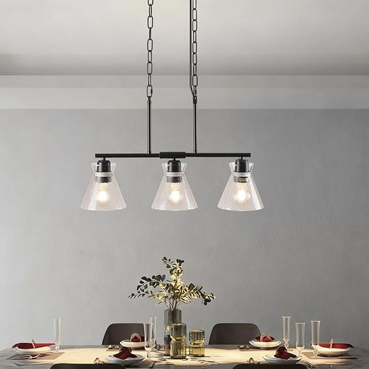 Black Kitchen Island Lighting, 3-Light Farmhouse Pendant Light with Clear Glass Shades, Linear Dining Room Light Fixture, Adjustable Hanging Chandelier for Bedrooms, Living Room