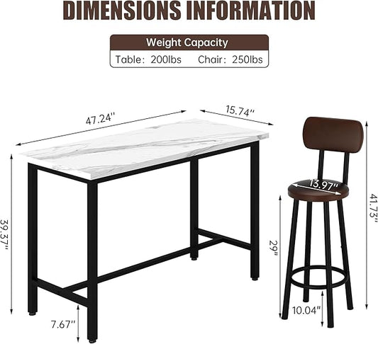 Recaceik Pub Table and Chairs Set of 2, 47" Dining Table Set with 2 PU Leather Upholstered Stools, 3-Piece Rectangle Small Space Kitchen Pub Table Set for Apartment Dining Room, Living Room, White