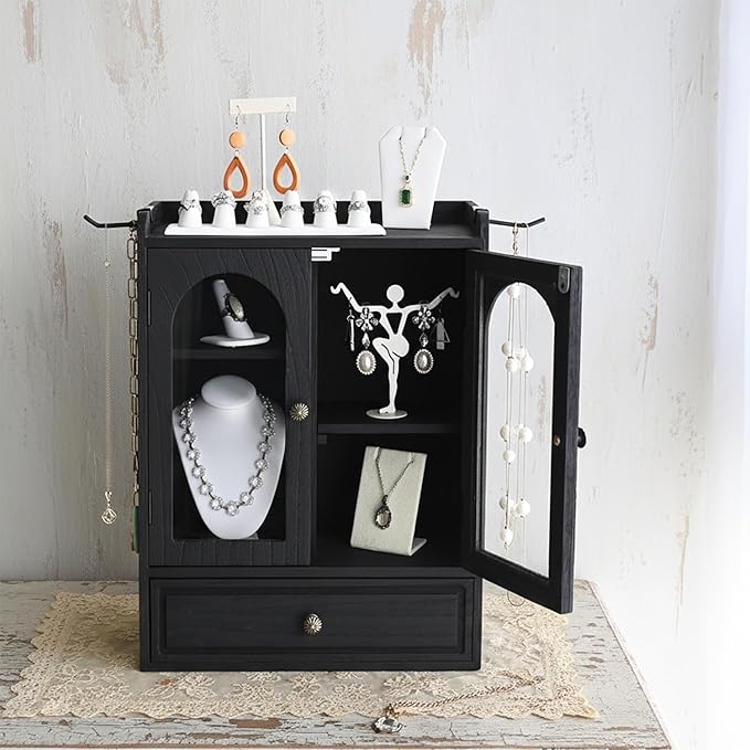 Ikee Design Wooden Countertop Storage Cabinet with Magnetic Door, Adjustable Shelves, Removable Hooks and Drawer for Perfume, Makeup, Pantry, Black Color, 12.2 W x 6 D x 15.7 H in
