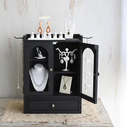 Ikee Design Wooden Countertop Storage Cabinet with Magnetic Door, Adjustable Shelves, Removable Hooks and Drawer for Perfume, Makeup, Pantry, Black Color, 12.2 W x 6 D x 15.7 H in