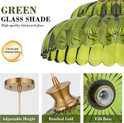 Green Glass Pendant Lights, 11.8" Vintage Lighting Glass Light Fixtures Brushed Gold Modern Hanging Ceiling for Kitchen Island Dining Room Restaurant Foyer Entryway
