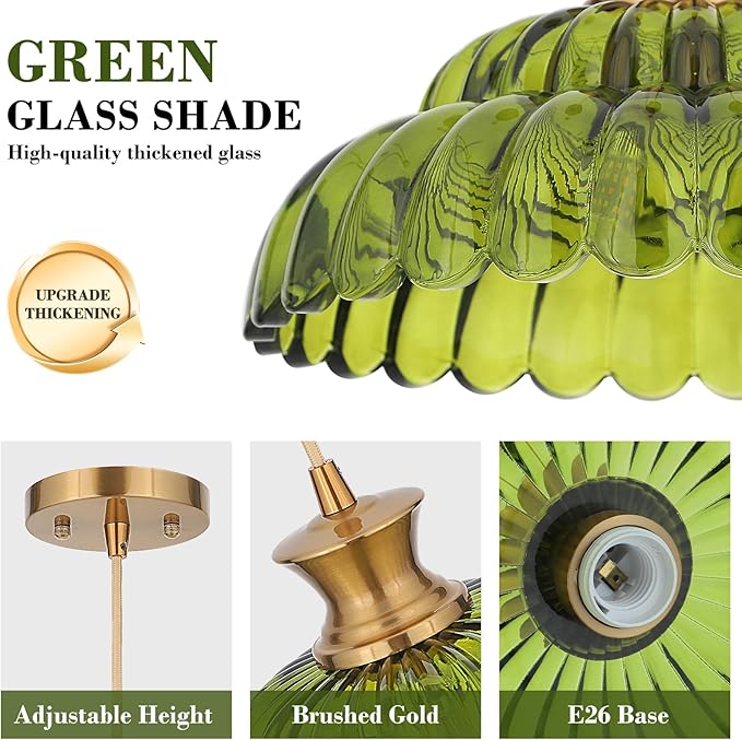 2Pack Glass Pendant Lights, 11.8" Vintage Lighting Green Glass Light Fixtures Brushed Gold Modern Green Chandelier Hanging Ceiling for Kitchen Island Dining Room Restaurant Foyer Entryway