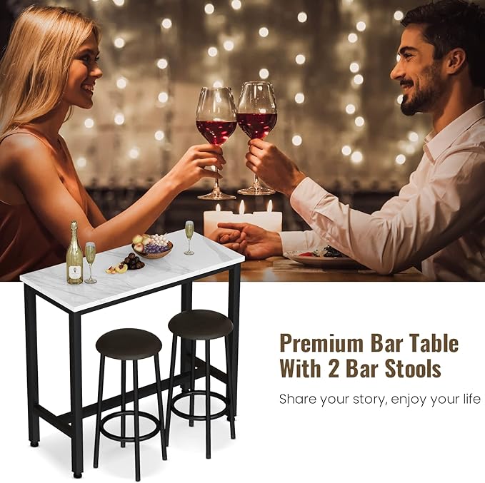 AWQM 39.3" Bar Table Set of 2,Faux Marble Pub Height Table and Chairs Set of 2 with Upholstered Stools,3 Piece Bar Table and Chairs Set Dining Table Set for Living Room,Kitchen,Bar,White & Brown