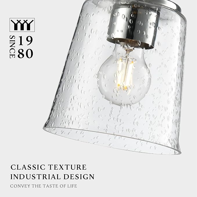 Modern Bubble Glass Pendant Light, 6"x6"x7.5" Rain-Drop Glass Hanging Fixture with Chrome Finish Base, Adjustable 15"-72" Cord, E26 Socket for Dining Room, Vanity Area, or Bar – Frosted Chrome