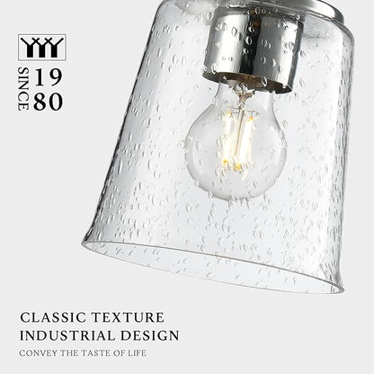 Modern Bubble Glass Pendant Light, 6"x6"x7.5" Rain-Drop Glass Hanging Fixture with Chrome Finish Base, Adjustable 15"-72" Cord, E26 Socket for Dining Room, Vanity Area, or Bar – Frosted Chrome