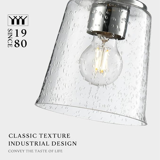 Modern Bubble Glass Pendant Light, 6"x6"x7.5" Rain-Drop Glass Hanging Fixture with Chrome Finish Base, Adjustable 15"-72" Cord, E26 Socket for Dining Room, Vanity Area, or Bar – Frosted Chrome