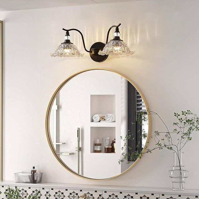 Vintage Bathroom Vanity Light Fixtures - 2 Light Antique Matte Black Bathroom Lights Fixture Over Mirror with Clear Flower Glass,Retro High End Wall-Mounted Vanity Lighting for Bath Powder Room