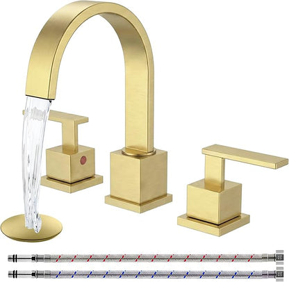 KINGO HOME Gold Bathroom Faucet, Brushed Gold Faucets Bathroom 3 Hole 8inch Widespread Waterfall 2 Handle Brass Faucets Bath Sink Vanity Faucet with Pop Up Drain and Supply Lines