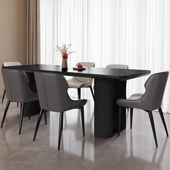 Miuuod 79" Extra Large Kitchen & Dining Table Set,Dining Room Table Set for Big Family, 1 Console Desk with 6 Chairs,Centre Table with Upholstered PU Chairs,Home Furniture Rectangular Modern, Black