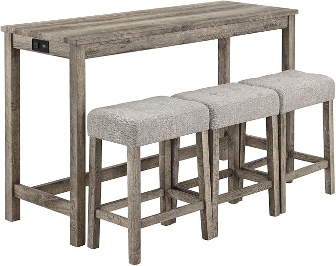 LKTART 4 Piece Bar Table Set Dining Bar Table and Chairs Set with Power Outlet Industrial Breakfast Table with 3 Padded Stools Rustic Bar Kitchen Dinning Room Living Room Brown