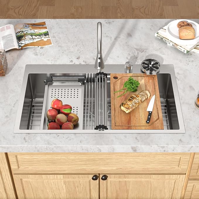 36 Inch Drop-In Single Bowl Kitchen Sink with Faucet, 16 Gauge 304 Stainless Steel Workstation Sink with Waterfall Outlet, Brushed Finish for Decoration or Renovation #TL-FDOE00015