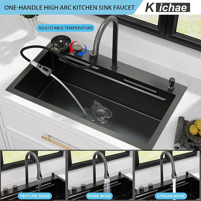 Kichae 33 Black Kitchen Sink Drop In Waterfall - 33x19 Drop Sink Stainless Steel 16G Single Bowl Waterfall Kitchen Sinks Workstation Handmade with Faucet & Glass Rinser