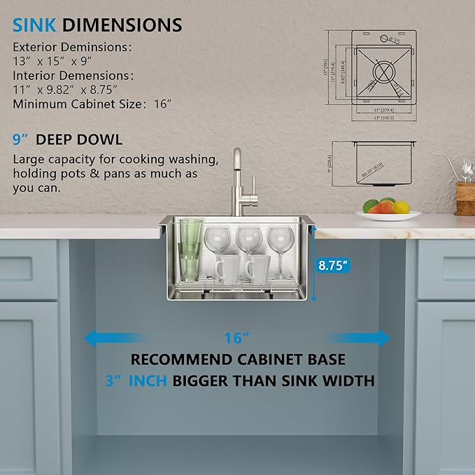 13"x15" Drop In Bar Prep Sink Workstation – 16 Gauge 304 Stainless Steel, Single Bowl Top Mount Overmount Wet Bar RV Outdoor Kitchen Sink with Faucet