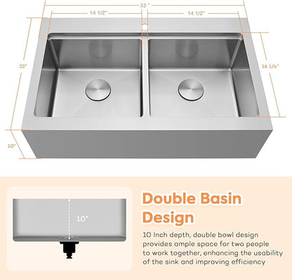 Farmhouse Kitchen Sink 33 x 22 Drop In, 50/50 Double Bowl Farm Sinks, 16 Gauge Stainless Steel Workstation Sink with Ledge & Accessories, 33" x 22" x 10" Large and Deep Double Sink