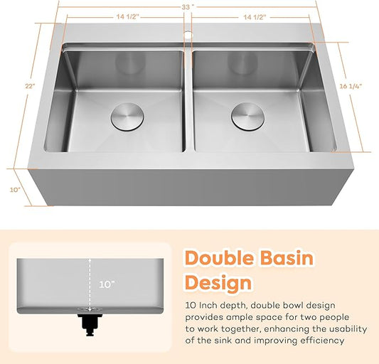Farmhouse Kitchen Sink 33 x 22 Drop In, 50/50 Double Bowl Farm Sinks, 16 Gauge Stainless Steel Workstation Sink with Ledge & Accessories, 33" x 22" x 10" Large and Deep Double Sink