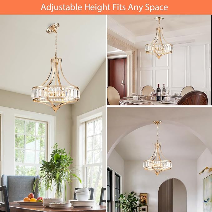 Crystal Chandeliers for Dining Room Modern Farmhouse 4-Light Rustic Mid Century Chandelier with Round Metal Lampshade, Perfect for Hallway Bedroom Foyer, Brush French Glod
