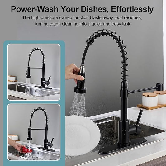 Kitchen Faucets with Pull Down Sprayer, Matte Black Stainless Steel Single Handle Pull Out Spring Sink Faucet, 3 Function Sprayer 1 or 3 Hole Deck Plate for Farmhouse Laundry Rv Bar