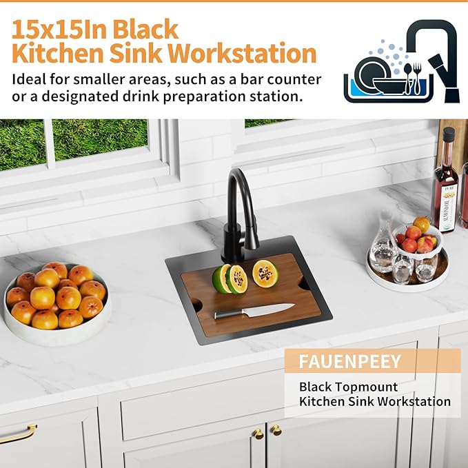 Black 15x15In Kitchen&Bar Workstation Sink- Small Stainless Steel Drop In Single Bowl Bar Sink Built-in Ledge Topmount Workstation Sink With Accessory-SS Grid Cutting Board,Silicon Mat,Drain Assembly