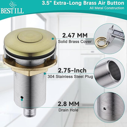 BESTILL Garbage Disposal Air Switch Kit - All Metal, UL Listed Long Push Button for Waste Disposer, Single Outlet Sink Top Solid Brass Air On/Off Button, Brushed Gold