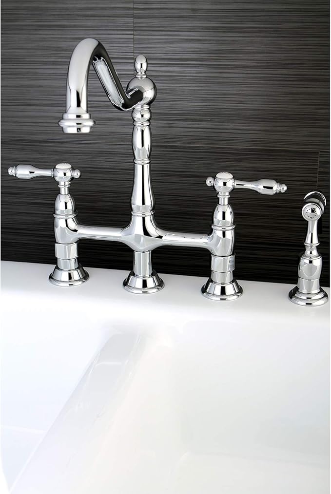 Kingston Brass KS1271TALBS Tudor 8 Inch Center Kitchen Faucet With Brass Sprayer, Polished Chrome, 8-3/4 inch in Spout Reach, Polished Chrome