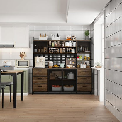 ECACAD 70.9" L Sideboard Buffet Storage Cabinet with Hutch, Pegboard, 4 Metal Mesh Doors, 6 Drawers & Shelves, Kitchen Pantry Cupboard for Living Room, Dining Room, Black & Rustic Brown