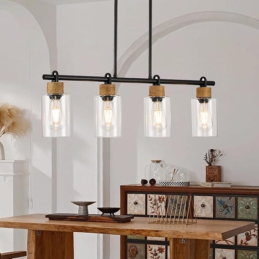 Black Pendant Lights Kitchen Island, Farmhouse Chandeliers for Dining Room, Linear Island Lights with Jute Rope & Clear Glass Shades(Black 4 Light)