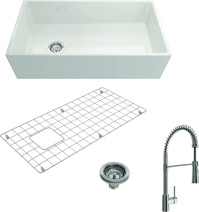 BOCCHI Contempo Apron Front Fireclay 36 in. Single Bowl Kitchen Sink in White with Stainless Steel Faucet