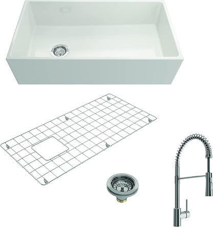 BOCCHI Contempo Apron Front Fireclay 36 in. Single Bowl Kitchen Sink in White with Stainless Steel Faucet