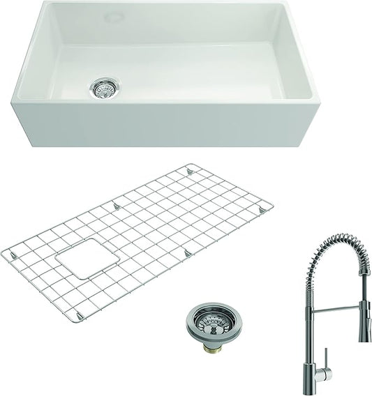 BOCCHI Contempo Apron Front Fireclay 36 in. Single Bowl Kitchen Sink in White with Stainless Steel Faucet