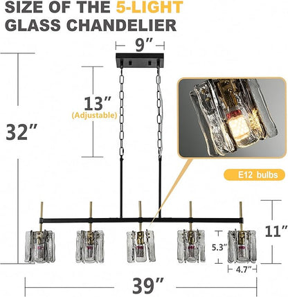 5-Light Farmhouse Linear Chandelier Pendant Lighting 39" W Ceiling Light Matte Black and Brass Gold, Smoked Glass Shade, Blown Glass, for Dining Table, Kitchen Island Light Fixtures