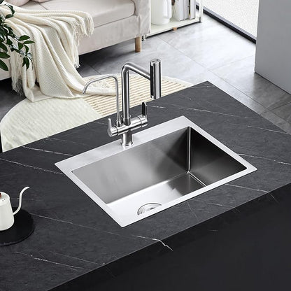 ROVATE 22x18 inches Drop-in Kitchen Sink Single Bowl Stainless Steel with 1 Hole, Handmade Topmount Kitchen Sink with Basket Strainer