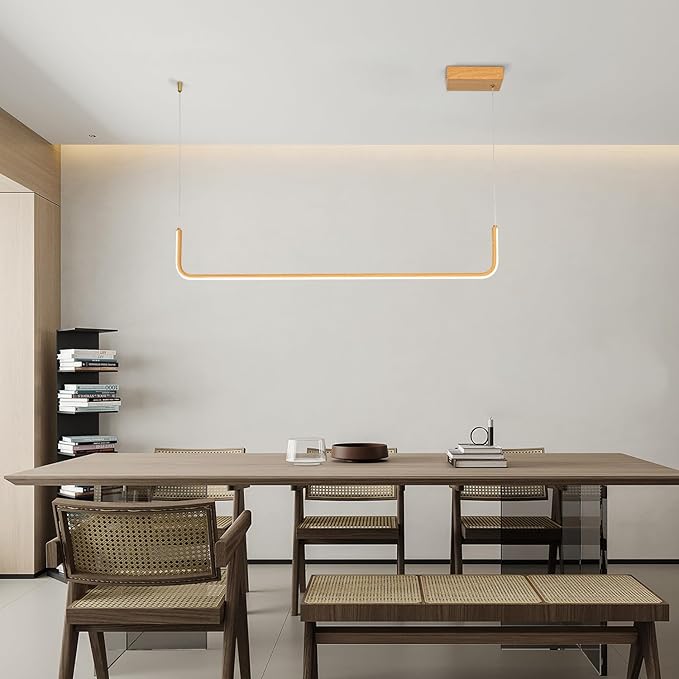 Sedelan Wood Linear Pendant Light, Dining Room Light Fixture, Modern Kitchen Pendant Lighting for Dining Room Kitchen Island Living Room Office Bar, Aluminum Woodgrain Print