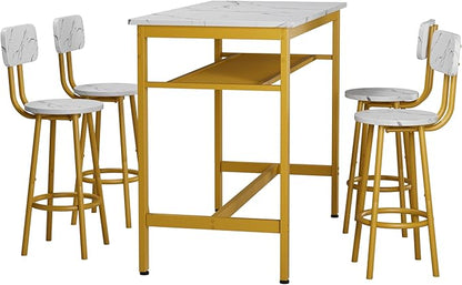 5-Piece Bar Height Table and Chairs Set – Modern Kitchen Table with 4 Bar Stools,Compact Dining Table Chairs Set,Bar Table and Chairs Set for Kitchen Island Seating & Dining Room (White+Gold)