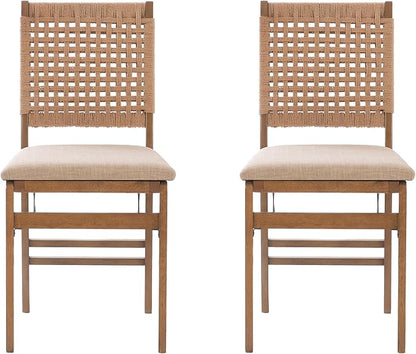 Linon Bennett Natural Folding Chair with Woven Rope Back and Linen Upholstered Seat Set of 2