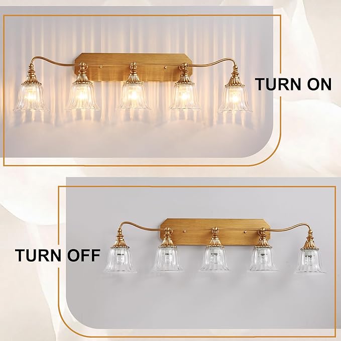 LmnLvn Bathroom Vanity Gold Light Fixture, 5 Lights Bathroom Lighting Matte Antique Brass Finish with Crystal Glass Shade, Gold Vintage Vanity Light for Bathrooms