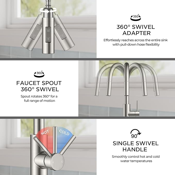 FORIOUS Kitchen Faucet with Pull Down Sprayer, Modern Single Hole Kitchen Sink Faucet with Soap Dispenser, Deck Plate, Brushed Nickel Single Handle, High Arc Stainless Steel for RV Farmhouse Laundry