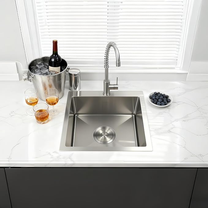 15x15 Inch Single Bowl Kitchen Sink,304 Stainless Steel Top Mount Kitchen Sinks Bar Sink,Handmade 16 Guage Small Kitchen Sink Brushed Nickel Deep Kitchen Sinks RV Sink