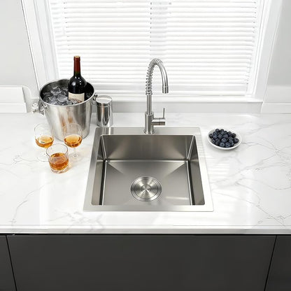 15x15 Inch Single Bowl Kitchen Sink,304 Stainless Steel Top Mount Kitchen Sinks Bar Sink,Handmade 16 Guage Small Kitchen Sink Brushed Nickel Deep Kitchen Sinks RV Sink